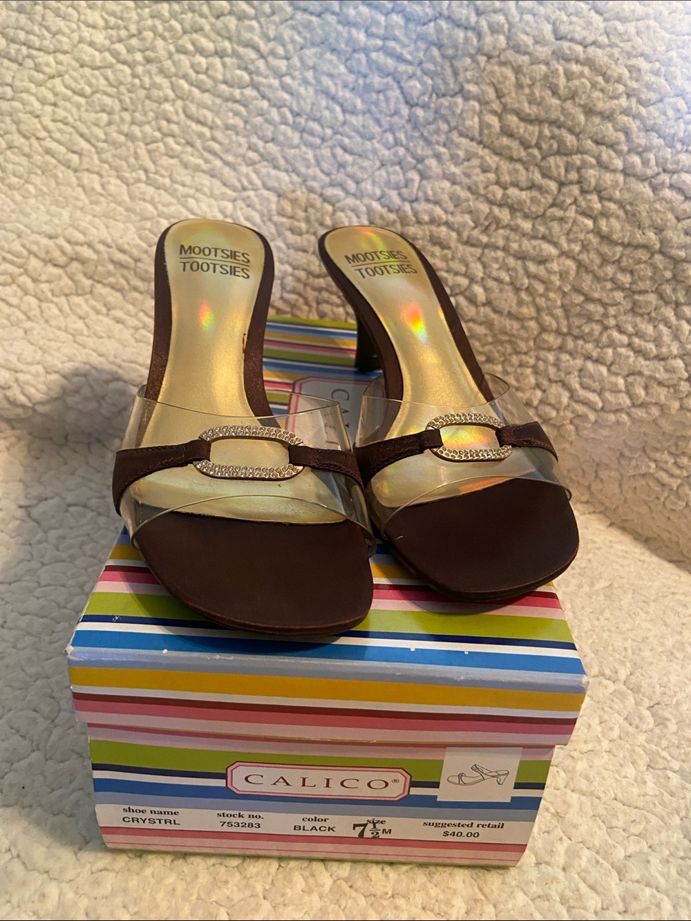 Mootsies Tootsies Brown Clear Slide Sandals with Rhinestone Buckle